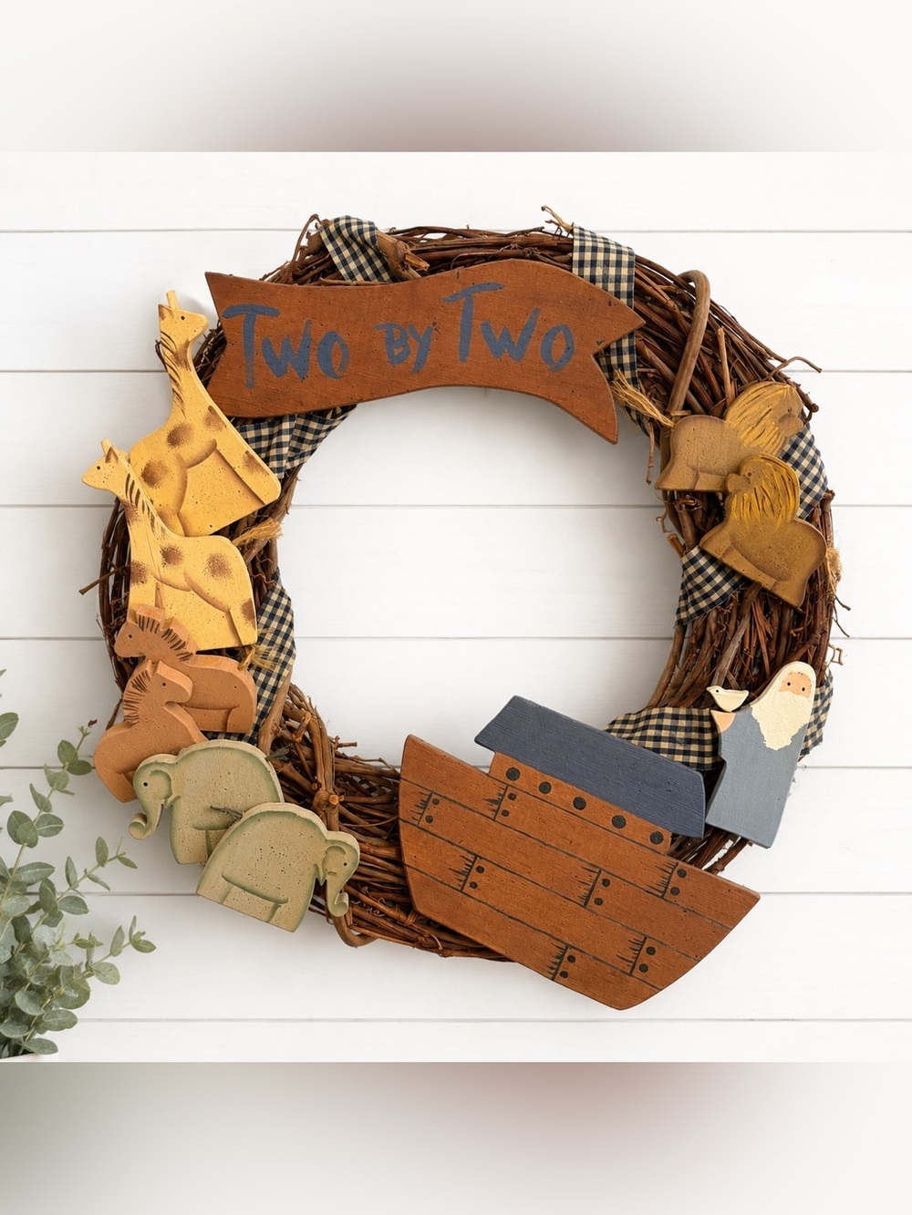 Vintage Noah’s Ark Nursery Wreath Handmade Wooden 3D Christianity Noah’s Ark